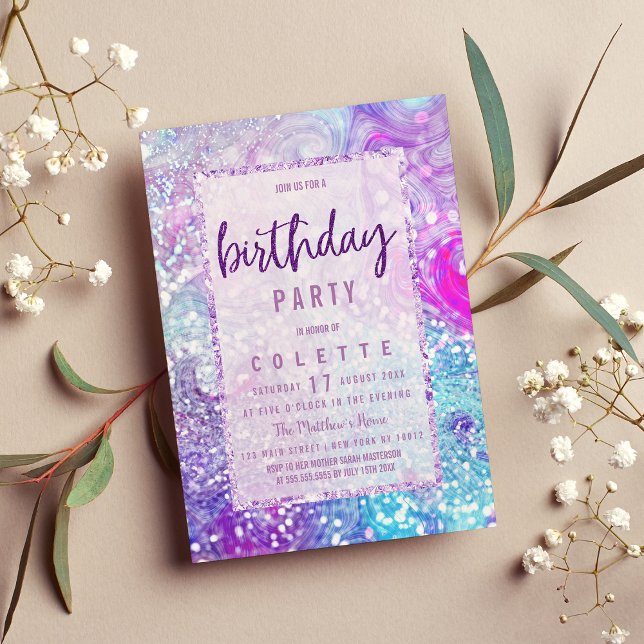 Convites Lavanda de Festa de aniversário de bolhas de pérol (Lavender purple teal marble glitter Birthday Party Invitation )