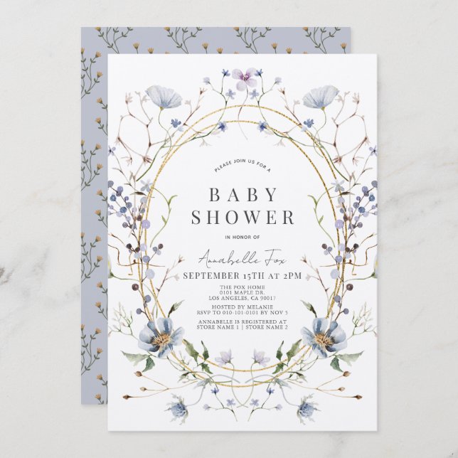 Convites Lavanda de Flores Selvagens Azuis Chá de fraldas d (Frente/Verso)