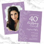 Convites Lavanda de Fotografia Floral Purple aniversário de<br><div class="desc">convite de festas lavanda floral roxo aniversário de 40 anos com sua foto na parte traseira da placa. Elegante design moderno com desenhos botânicos desenhados em destaque e letra de script de tipografia. Simples trendy convida cartão perfeito para uma festa de na moda. Pode ser personalizado para qualquer idade. Impressos...</div>