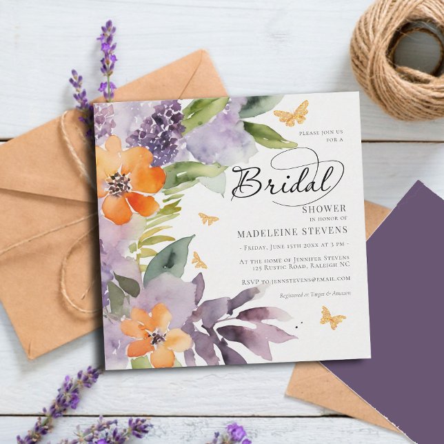 Convites Lavanda de Hydrangea  Chá de panela de laranja (rustic lavender hydrangea purple orange bridal shower invitation modern romantic garden party chic)