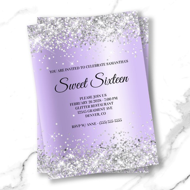 Convites Lavanda De Lâmpada De  De Prata Doce Dezesseis (Silver Glitter Lavender Satin Foil Sweet Sixteen Invitation)