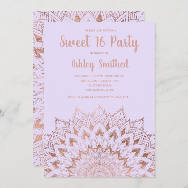 Convites Lavanda de ouro floral de rosa de Boho (Frente/Verso)