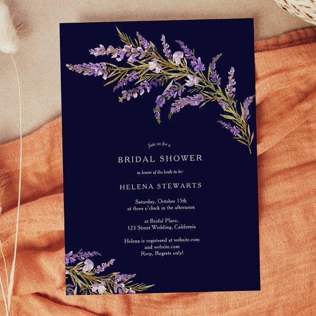Convites Lavanda de queda chá de panela de aquarela floral (Fall lavender floral watercolor chic bridal shower invitation on navy blue)