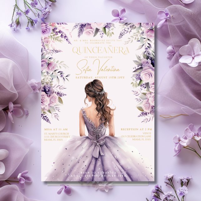 Convites Lavanda de Quinceañera Purple Lilac Floral, Dourad (Quinceañera Lavender Purple Lilac Floral Gown Gold Invitation)