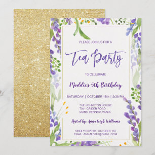 Convites Lavanda de Tea Party Floral e Dourada Birthday Gir