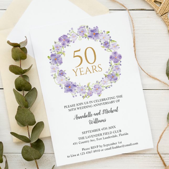 Convites Lavanda Delicada Floral Garland 50ª Casamento (Criador carregado)