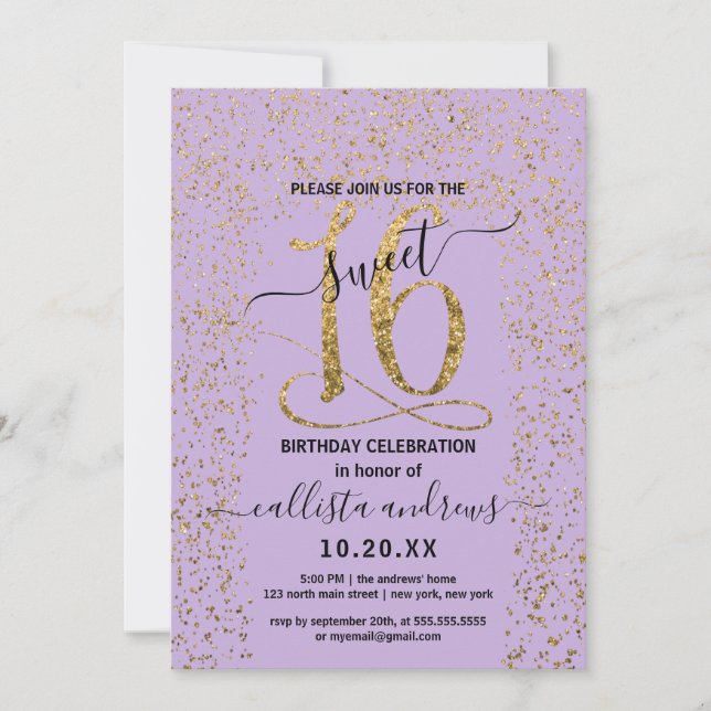 Convites Lavanda Dourada de Confetti Border Sweet 16 (Frente)