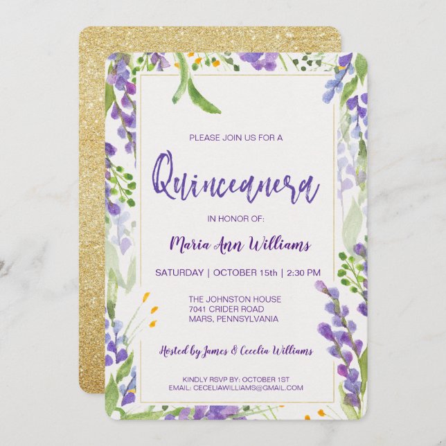 Convites Lavanda Dourada Elegante Glitter Floral Quinceaner (Frente/Verso)