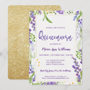 Convites Lavanda Dourada Elegante Glitter Floral Quinceaner