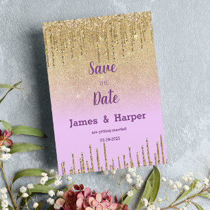 Convites Lavanda dourada glitter ombre dris Salve a data