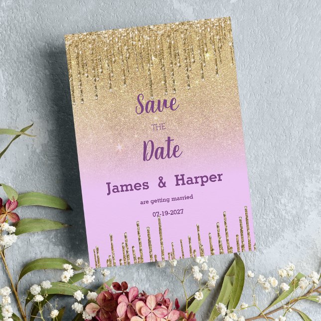 Convites Lavanda dourada glitter ombre dris Salve a data (Lavender gold glitter ombre drip glam Save the Date)