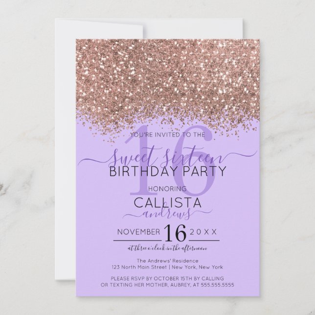 Convites Lavanda Dourada Luxe Confetti Sweet 16 (Frente)