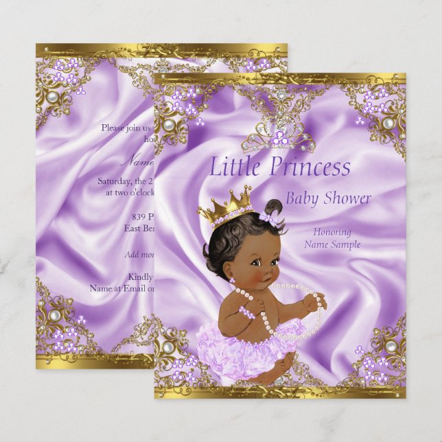 Convites Lavanda Dourada Princesa Chá de fraldas Rapariga É (Frente/Verso)