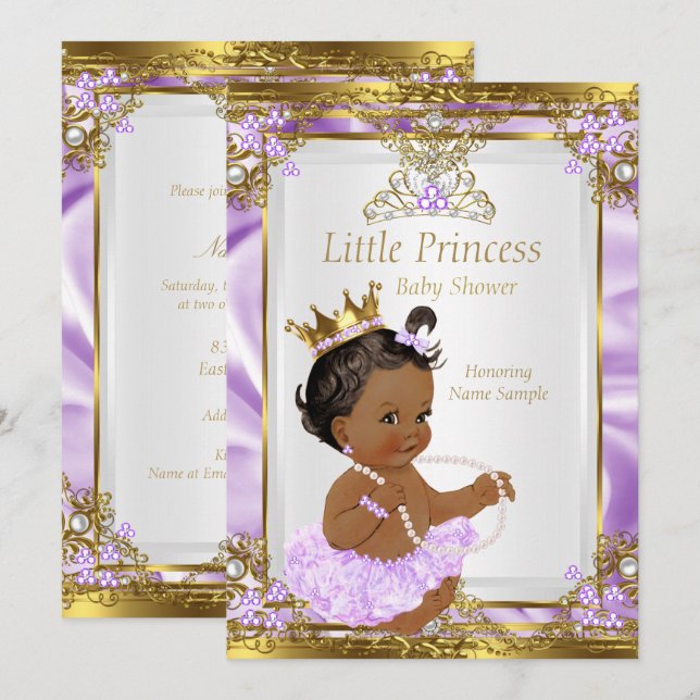 Convites Lavanda Dourado Branco Princesa Chá de Bebê Étnico (Frente/Verso)