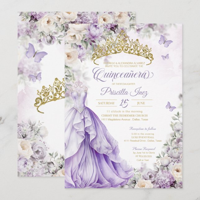 Convites Lavanda e Borboleta Dourada Princesa Quinceañera (Frente/Verso)