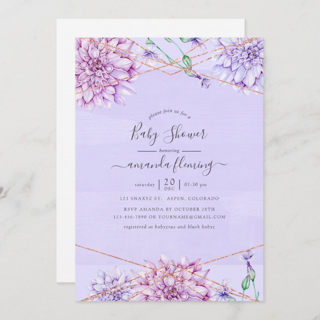 Convites Lavanda e Chá de fraldas geométrico Dourado (Frente/Verso)