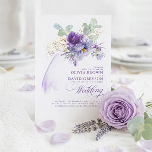Convites Lavanda e Dourado Casamento de Boho Moderno Elegan