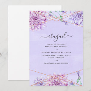 Convites Lavanda e Dourado Floral Geométrico Aniversário