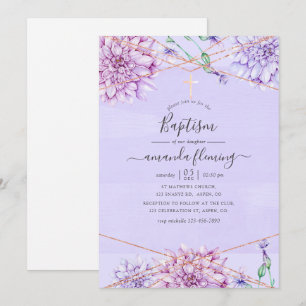 Convites Lavanda e Dourado Floral Geométrico Batismo