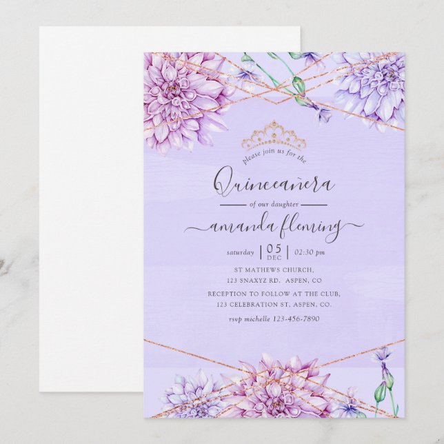 Convites Lavanda e Dourado Floral Geométrico Quinceañera (Frente/Verso)