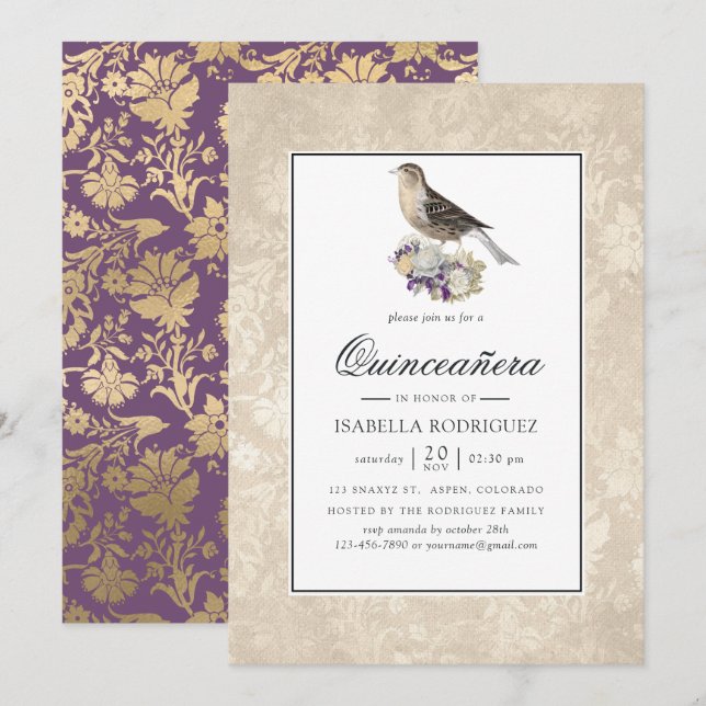 Convites Lavanda e Marfim Quinceañera Vintage (Frente/Verso)