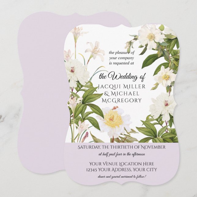 Convites Lavanda e Rosa de Marfim Casamento Foliar Foliar (Frente/Verso)