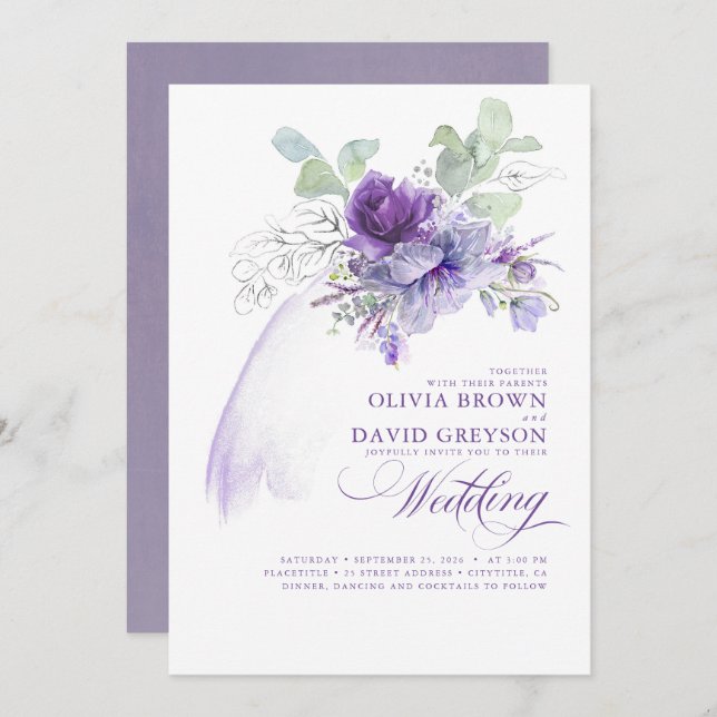 Convites Lavanda e Silver Elegante Modern Boho Weding (Frente/Verso)