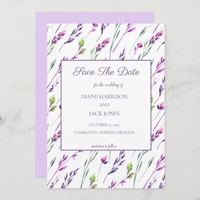 Convites Lavanda e Verde Aquarela Save the Date Casamento (Frente/Verso)