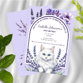 Convites Lavanda Elegante e Aniversário de Gato Branco