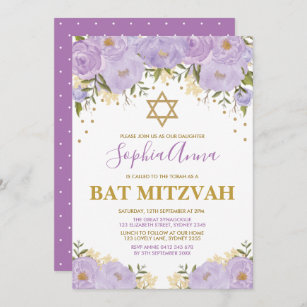 Convites Lavanda Elegante e Bat Floral Dourado Mitzvah