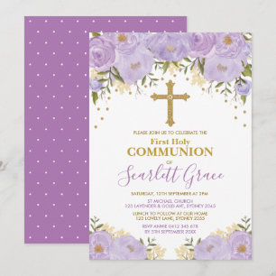 Convites Lavanda Elegante e comunhão Floral Dourada