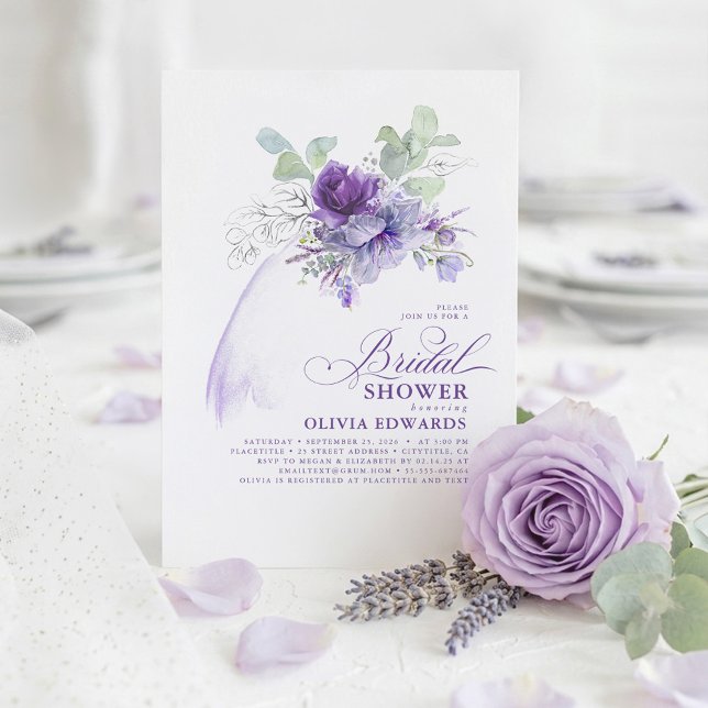 Convites Lavanda  Elegante Modern Boho Chá de panela (Purple Watercolor Flowers and Gold Greenery Leaves Romantic Botanical Chic Bridal Shower Invitations)