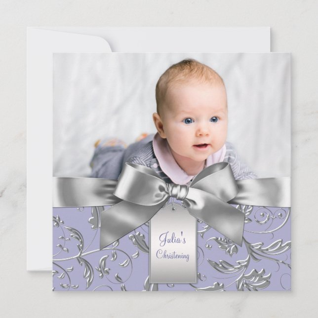 Convites Lavanda Elegante Roxo e Cinza Christening (Frente)