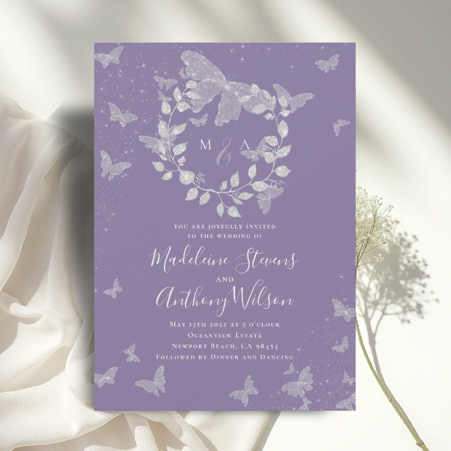 Convites Lavanda Eucalipto Borboleta Etérea Casamento (lavender wedding invitation butterflies eucalyptus crest modern classic romantic elegant calligraphy)