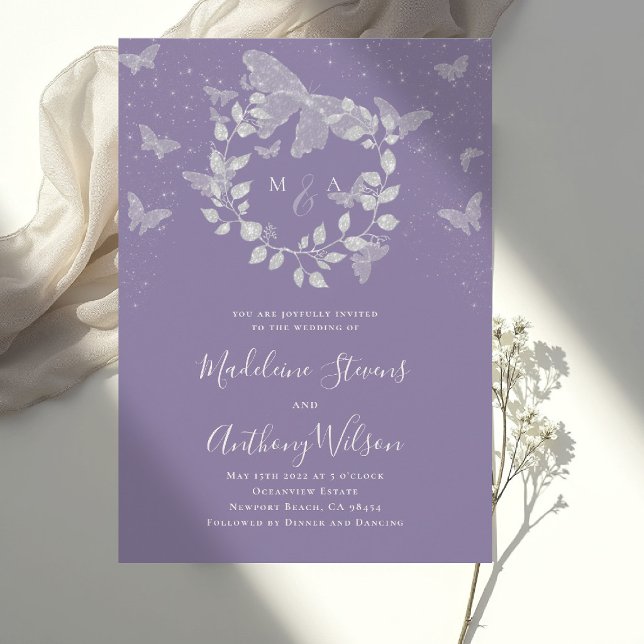 Convites Lavanda Eucalipto Borboleta Romântica Casamento (lavender wedding invitation butterfly eucalyptus modern classic romantic elegant initial calligraphy)