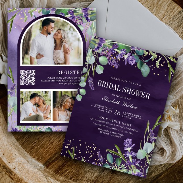 Convites Lavanda Eucalipto Código QR Roxo Chá de Bebê de No (Criador carregado)