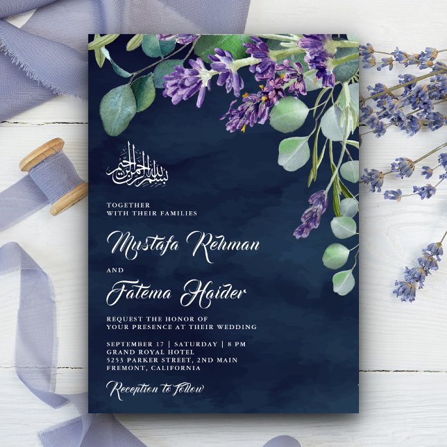 Convites Lavanda Eucalyptus Marinho Casamento Islâmico Azul (Criador carregado)