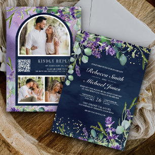 Convites Lavanda Eucalyptus Photo Marinho QR Casamento de C