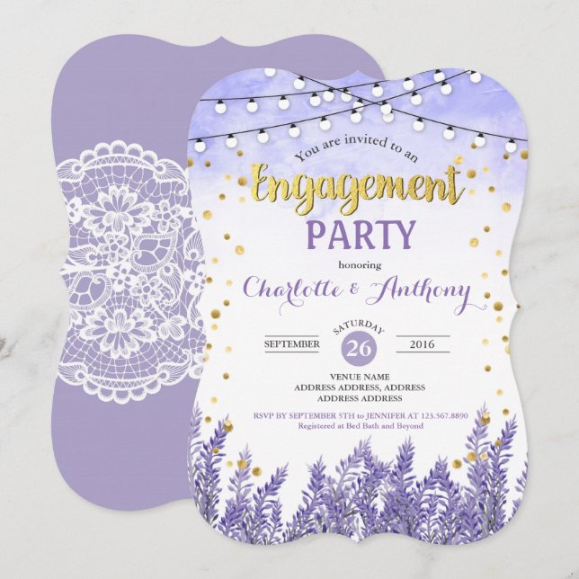 Convites Lavanda festa de noivado de ouro roxo (Frente/Verso)