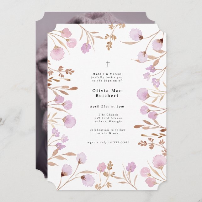 Convites Lavanda Flor Roxo Foto de Natal Baptismo (Frente/Verso)