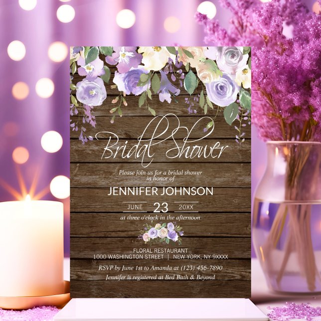 Convites Lavanda Floral de Aquarela Chá de panela Russo (Watercolor Floral Lavender Rustic Bridal Shower Invitation)