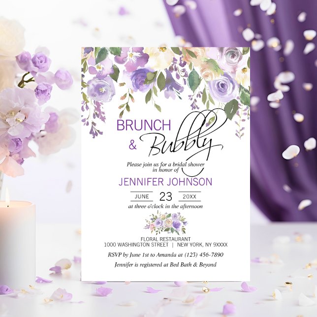 Convites Lavanda Floral de Watercolor Bridal Purple Bridal  (Watercolor Floral Lavender Purple Bridal Brunch Invitation)