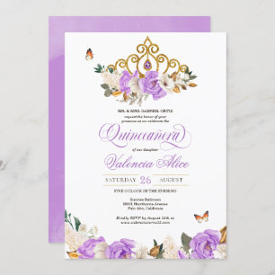 Convites Lavanda Floral Dourada Tiara Butterfly Quinceanera