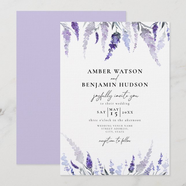 Convites Lavanda Floral Dusty Purple Mauve Lilac Casamento (Frente/Verso)