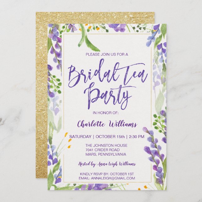 Convites Lavanda Floral e Chá de panela Dourado Chá (Frente/Verso)