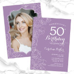 Convites Lavanda Floral - Foto Roxa 50ª Festa de aniversári<br><div class="desc">Dusty Pink Floral Foto 50º Convite de aniversário. Design minimalista moderno com desenhos botânicos em destaque e letra de script de tipografia. Simples trendy convida cartão perfeito para uma festa de na moda. Pode ser personalizado para qualquer idade. Impressos convites Zazzle ou modelo de impressão digital instantânea para download.</div>