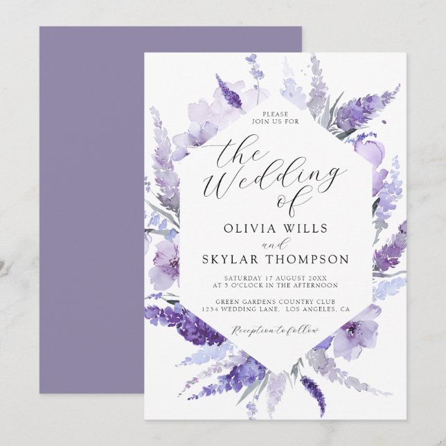 Convites Lavanda Floral Lilac Botânica Casamento (Frente/Verso)