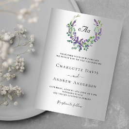 Convites Lavanda floral monograma prateado luxo de casament