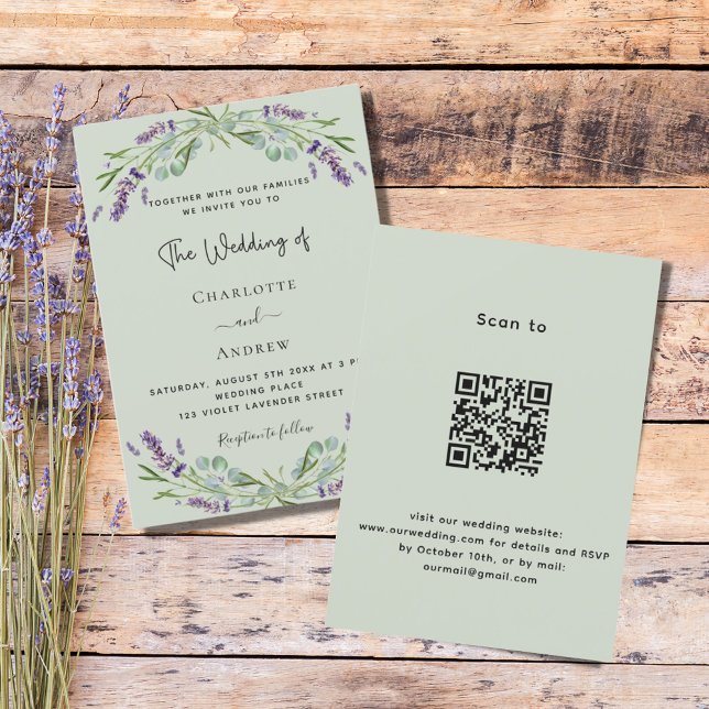 Convites Lavanda floral, sábio verde QR luxury casamento (Criador carregado)