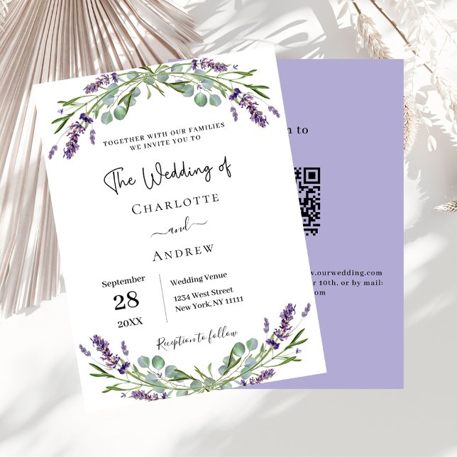 Convites Lavanda floral verde código QR casamento RSVP (Criador carregado)